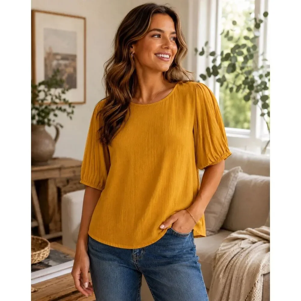 Loft Short Gathered Puff Sleeve Ladies Top Medium Mustard Yellow